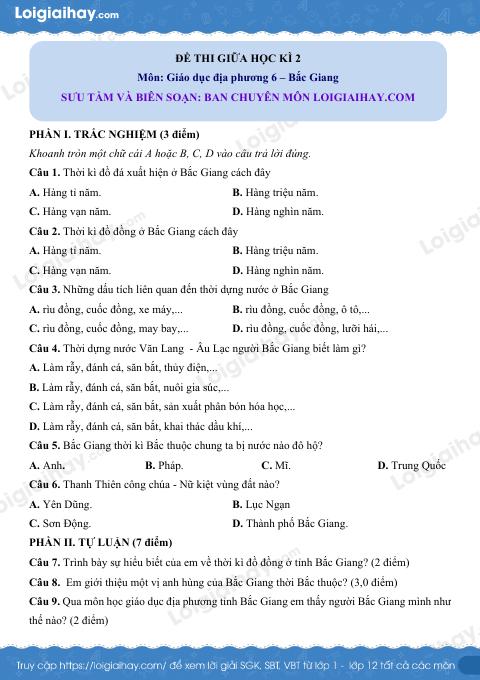 Đề thi giữa kì 2 GDĐP 6 Bắc Giang - loigiaihay.com